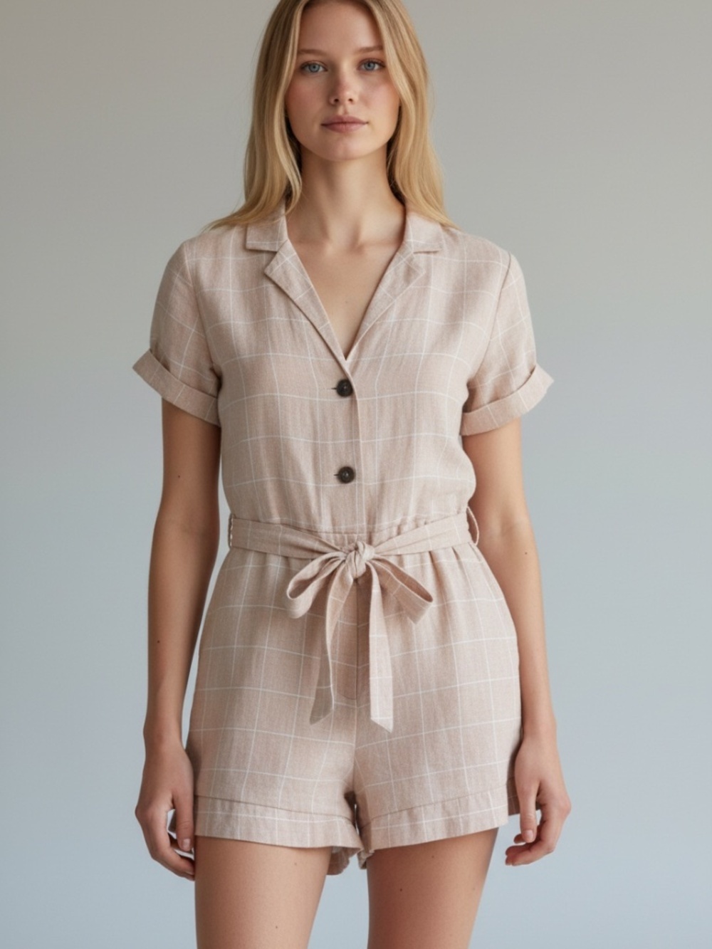 Forever 21 Grid Plaid Short Sleeve Romper Beige L